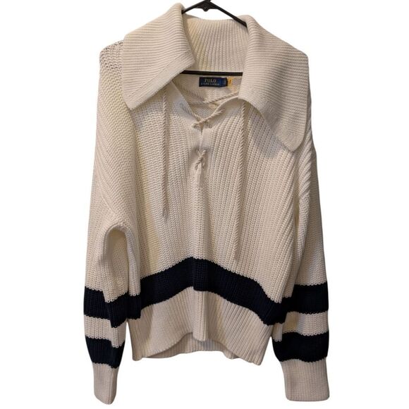 Polo Ralph Lauren O Lace Up Striped Knit Sweater in Cream and Navy Women's Large - Picture 4 of 10